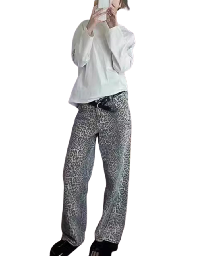 SHOPIQAT New Retro Leopard Print Street Straight Wide Leg Loose Denim Trousers - Premium from shopiqat - Just $15.950! Shop now at shopiqat